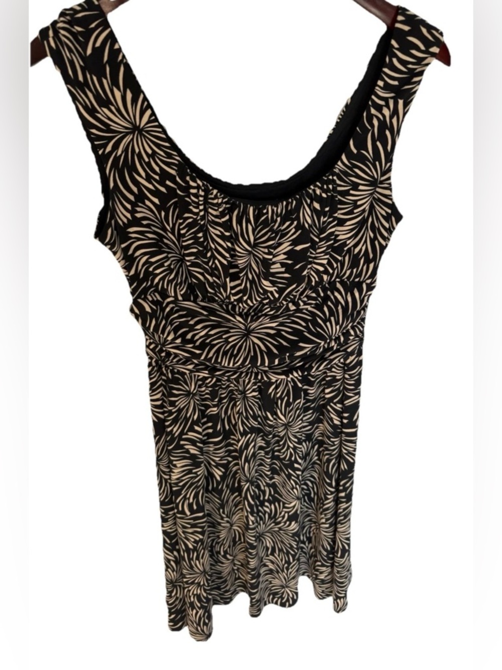 Maggy London Women's Sleeveless A Line Midi Dress Rouched Waist Black Tan Sz 8